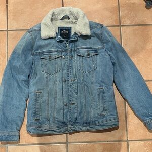 Hollister Light Blue Denim Jacket with Cream Sherpa Collar